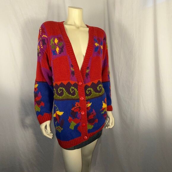 Vintage Sweaters - Vintage Jacquelyn by Browne Colorblock Floral Knit Cardigan Sweater | 80s 90s Bo